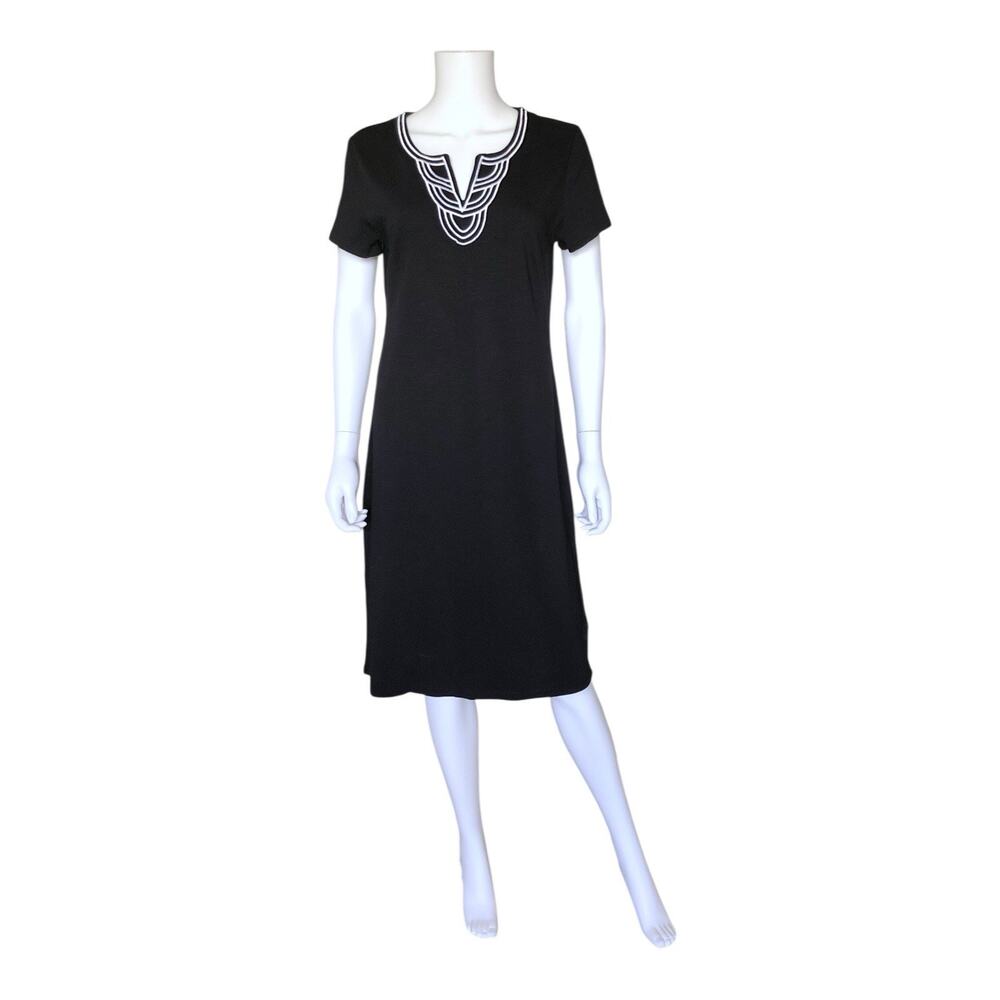 Talbots Dress Womens M Black White Embroidered Split Neck Cotton Shift Midi